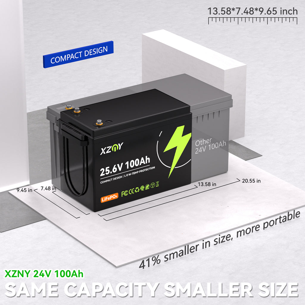 XZNY Compact 24V 100Ah LiFePO4 Battery for RV, Off-grid, Trolling Motor